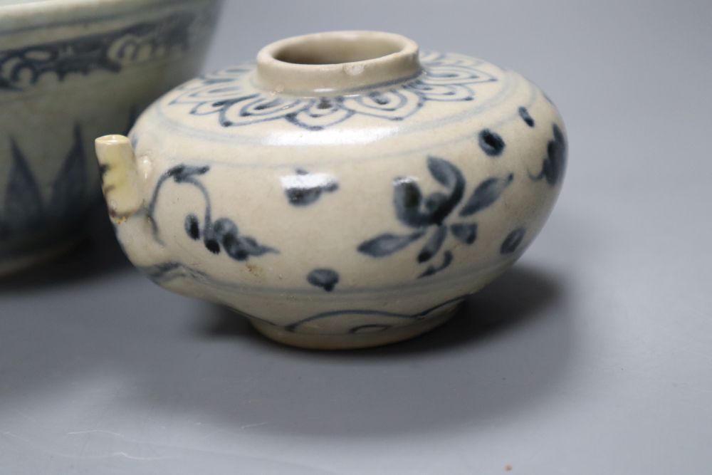 A Chinese Middle Ming Dynasty blue and white Lotus Flower bowl and a Vietnamese Hoi An Hoard blue and white water dropper